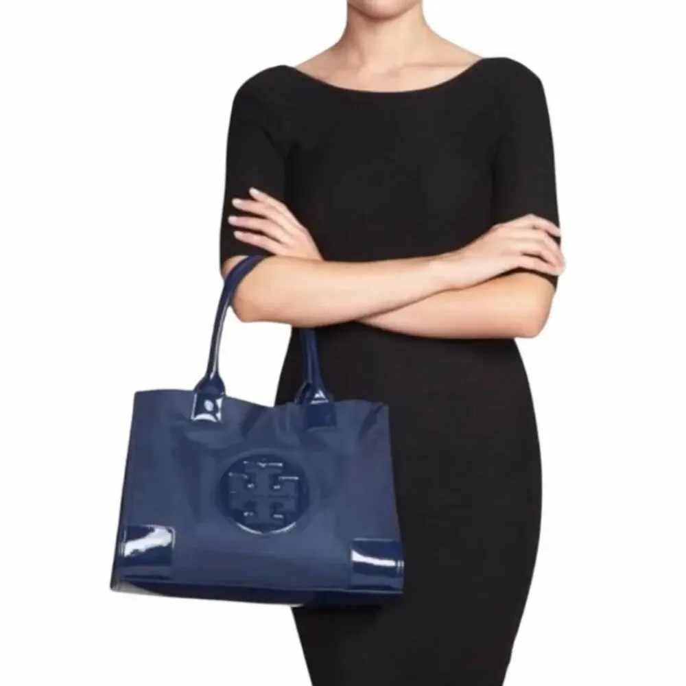 Tory Burch Ella Patent Leather Small Nylon Tote Blue